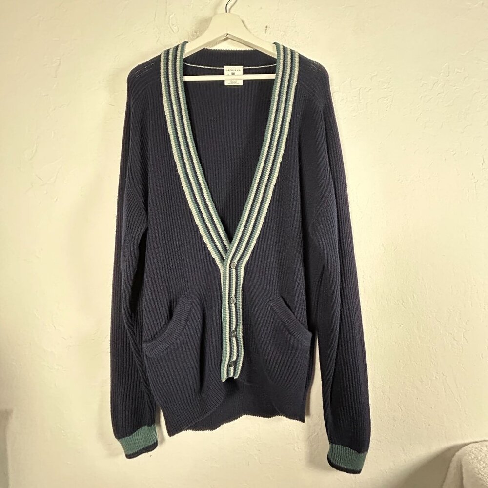 Generra Mens Navy Cardigan Sweater Medium Ramie Cotton V-Neck Stripe Trim Button